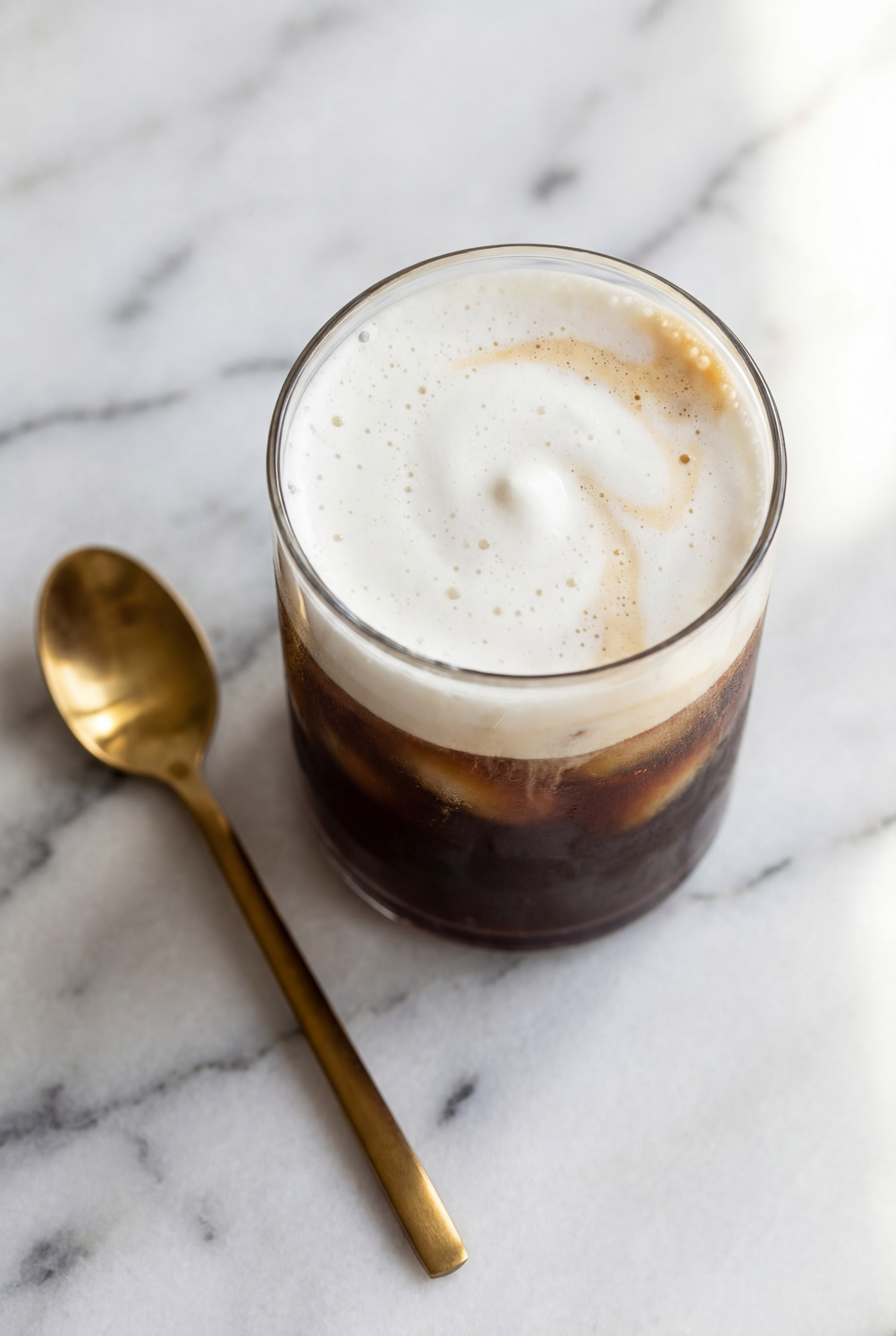 How to make cold foam - silky sweet cream cold foam poured over iced coffee in a glass