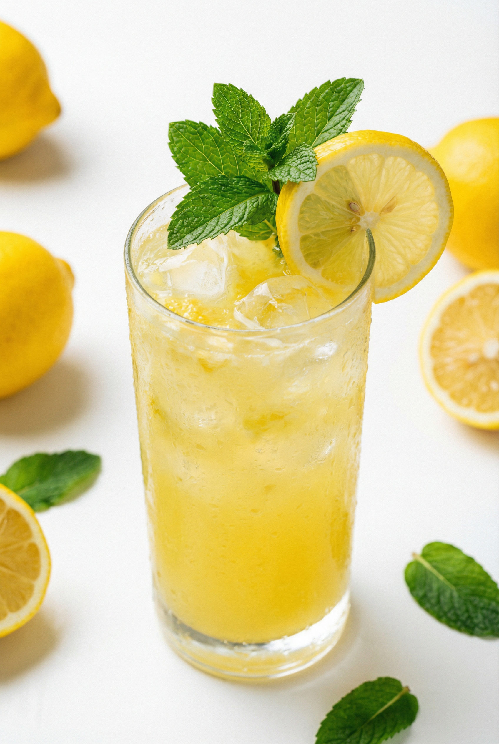 A tall glass of fresh homemade lemonade with ice cubes, condensation on glass